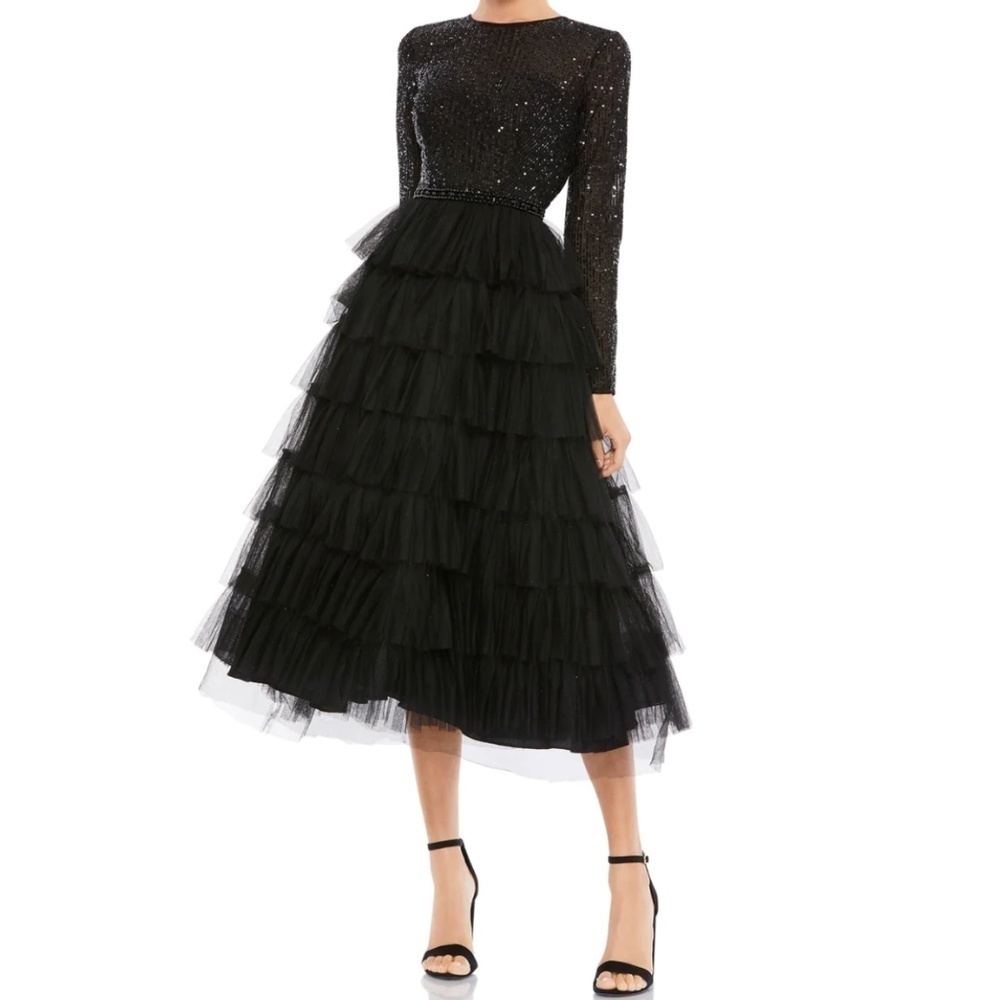 Mac Duggal Black Sequin Tiered Dress